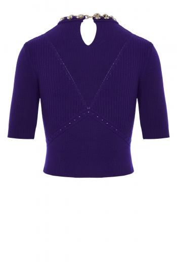 Chain-embellished ribbed-knit wool top 