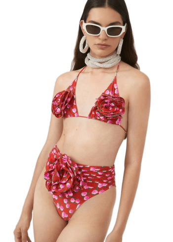 Floral strappy triangle bikini top in red floral print