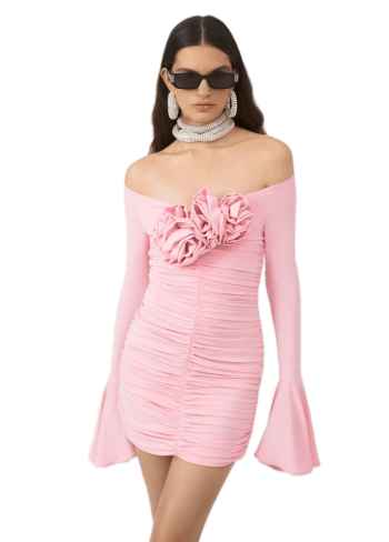 Ruched roses bell sleeve mini dress in pink