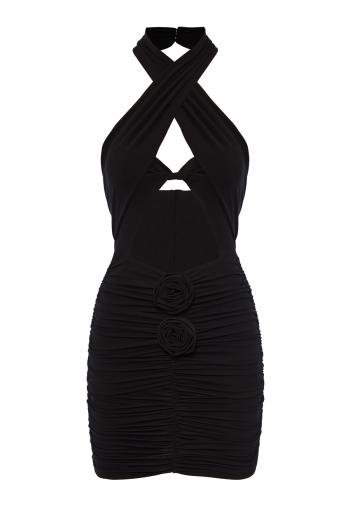 Appliquéd Twisted cutout mini dress in black