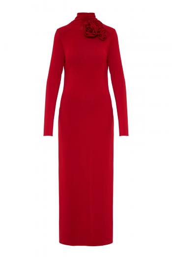 Backless mock neck jersey dress in red