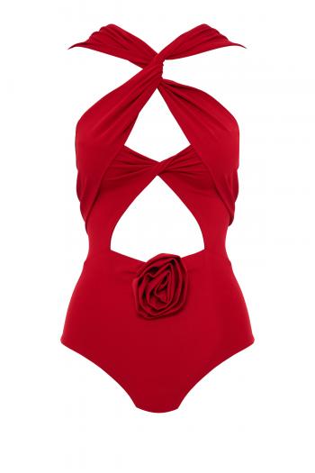 Appliquéd twisted cutout jersey bodysuit in red
