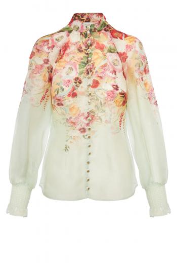 Wonderland printed linen and silk blouse 