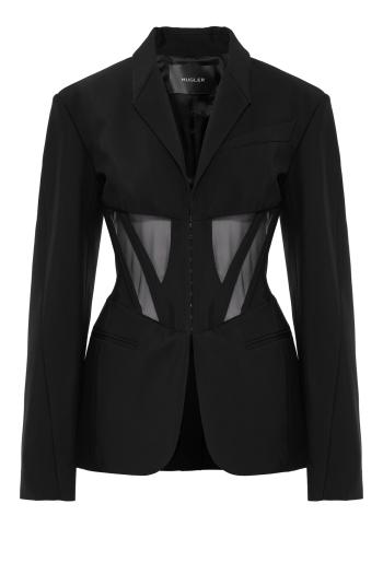 Corseted mesh and wool-blend blazer