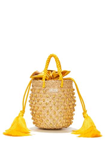 Carol Mono small embellished seagrass top handle bag 