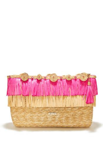 Circle embellished fringed raffia clutch 