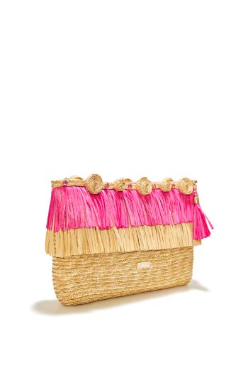 Circle embellished fringed raffia clutch 