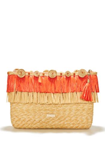 Circle embellished fringed raffia clutch 