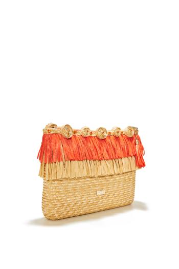 Circle embellished fringed raffia clutch 
