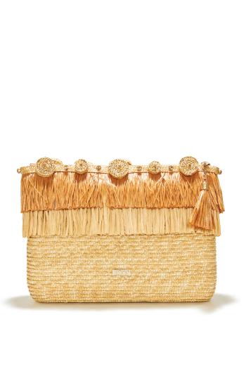 Circle embellished fringed raffia clutch 