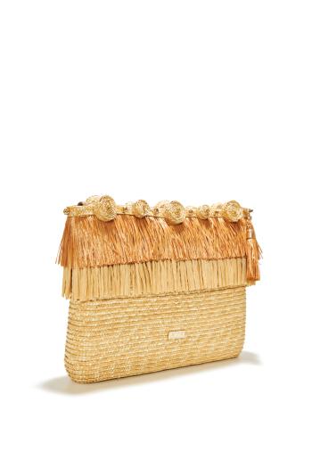 Circle embellished fringed raffia clutch 