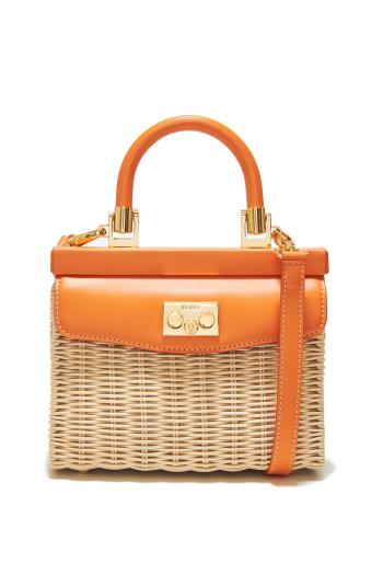 Paris Willow small leather and wicker top handle bag 