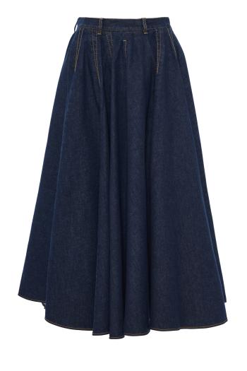 Pleated cotton denim midi skirt 