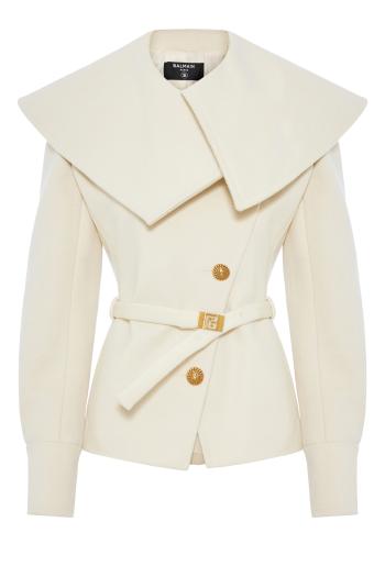 Asymmetrical belted wool-gabardine jacket  