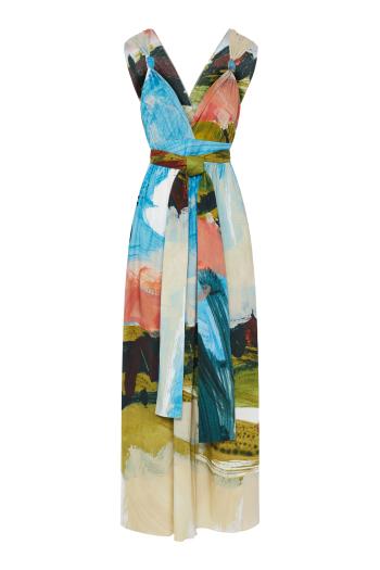 Abstract landscape cotton poplin maxi dress