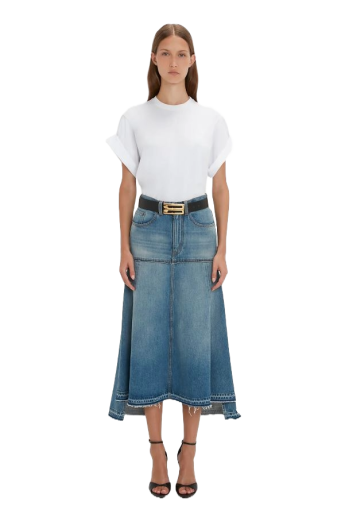 Patched cotton denim midi skirt 