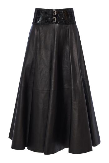 Belted ruffled leather midi skirt 