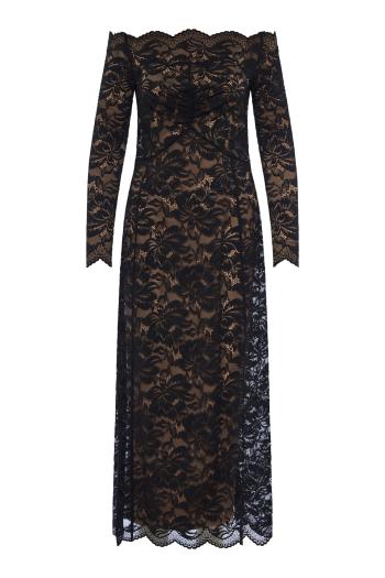 Long black lace with bardot collar midi dress 