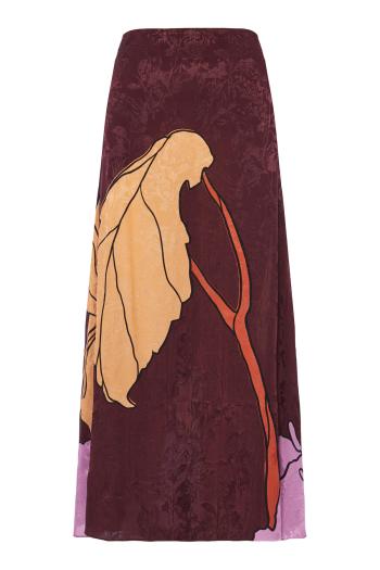 Symphony of Leaves printed satin maxi skirt 