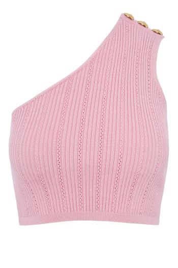 Embellished ribbed-knit one-shoulder top 
