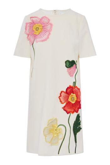 Poppy-embroidered wool midi dress 