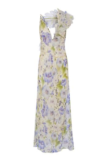 Embellished printed linen and silk gown 