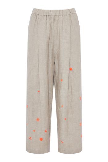 Flowers embroidered handloom linen pants 