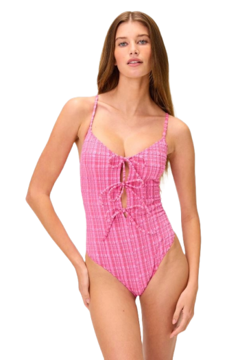 Tie-front striped seersucker swimsuit
