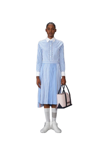 Pleated striped cotton midi skirt 