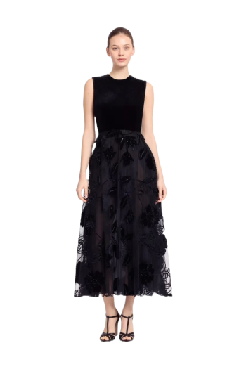 Embroidered velvet and tulle midi dress 