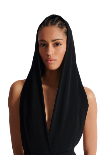 Draped jersey bodysuit with hood
