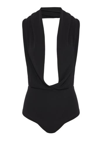 Draped jersey bodysuit with hood