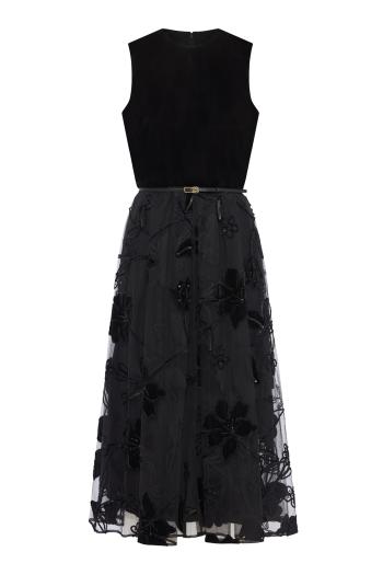 Embroidered velvet and tulle midi dress 