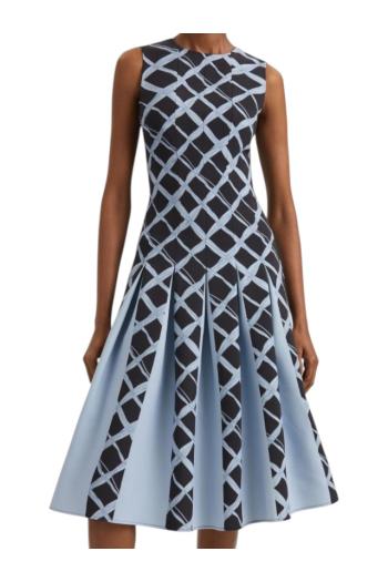 Pleated printed wool midi dress 