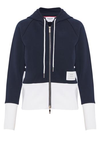 Color-block cotton zipped hooded cardigan