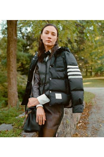 Striped padded down hooded jacket 