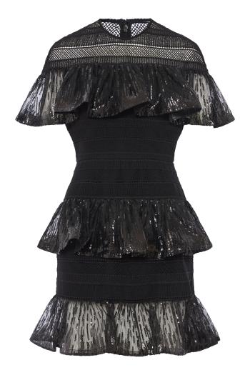 Macramé and sequin ruffled mini dress
