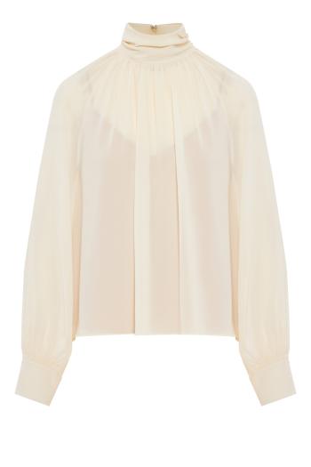 Gathered Draped-Neck Crepe Blouse