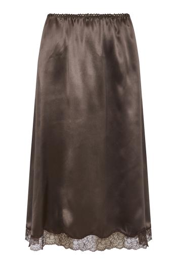 Silk lace-trim slip skirt in brown