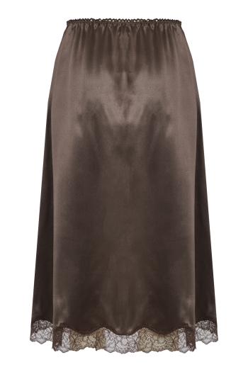 Silk lace-trim slip skirt in brown