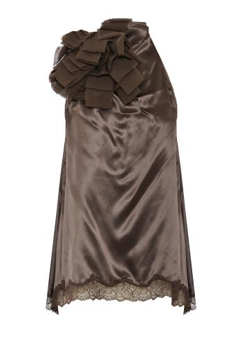 Silk open-back lace-trim blouse in brown