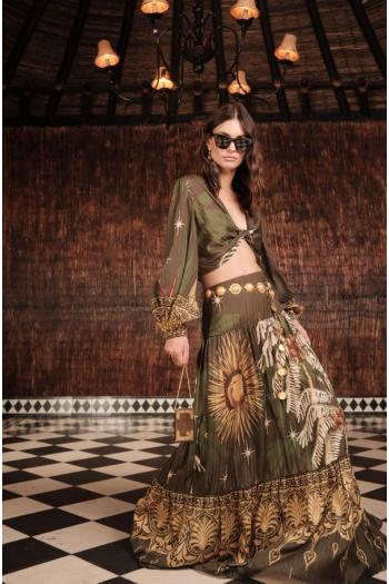 Afterwork printed silk and cotton cropped top in green