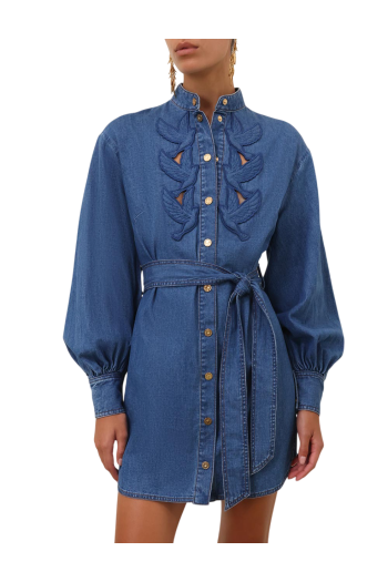 Appliquéd cotton denim mini dress in blue 