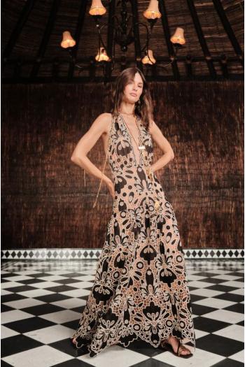 Verso Luminoso guipure lace halterneck maxi dress in black 