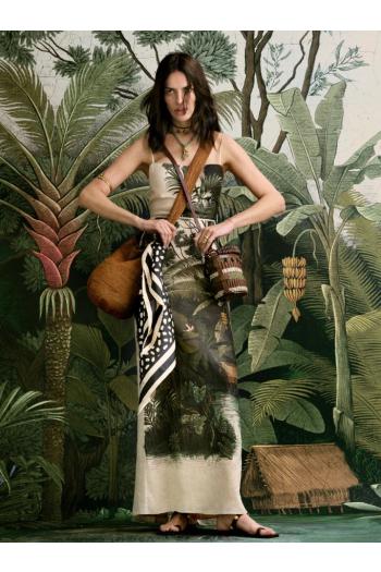 Andean printed linen maxi dress in green 