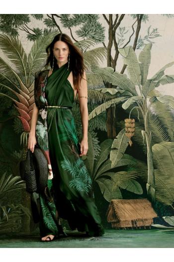 Silent Water printed silk maxi dress in dark green 