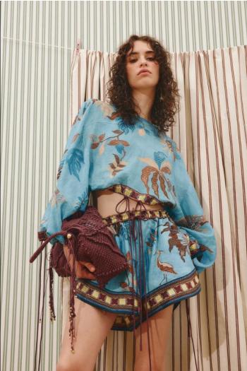 Georgie printed ramie crop top in blue 