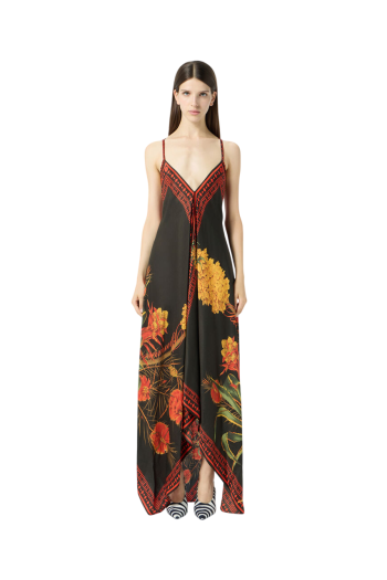 Salvador printed twill midi dress in flame 