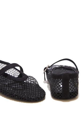 Noir Ballet in Strash Fishnet embellished suede flats in black