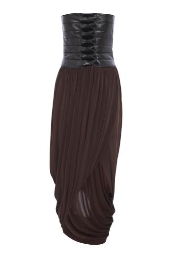 Ruched leather and chiffon bustier midi dress in black 